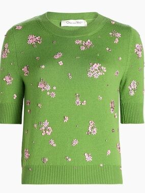 Oscar de la Renta Green Crewneck Sweater with Pink Floral Crystal Embroidery